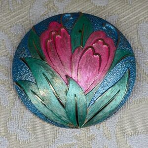Rare Vintage Signed KRAMER Blue & Pink Enamel FLOWER TULIP Domed Round Brooch